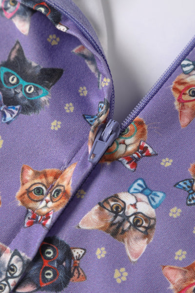 Billie Long Sleeved Dress in Purple Nerdy Cat Print