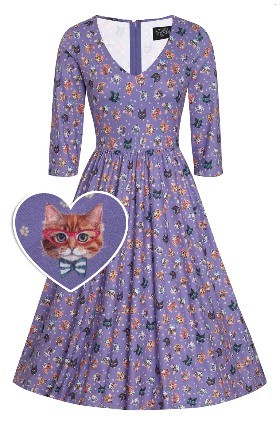 Billie Long Sleeved Dress in Purple Nerdy Cat Print