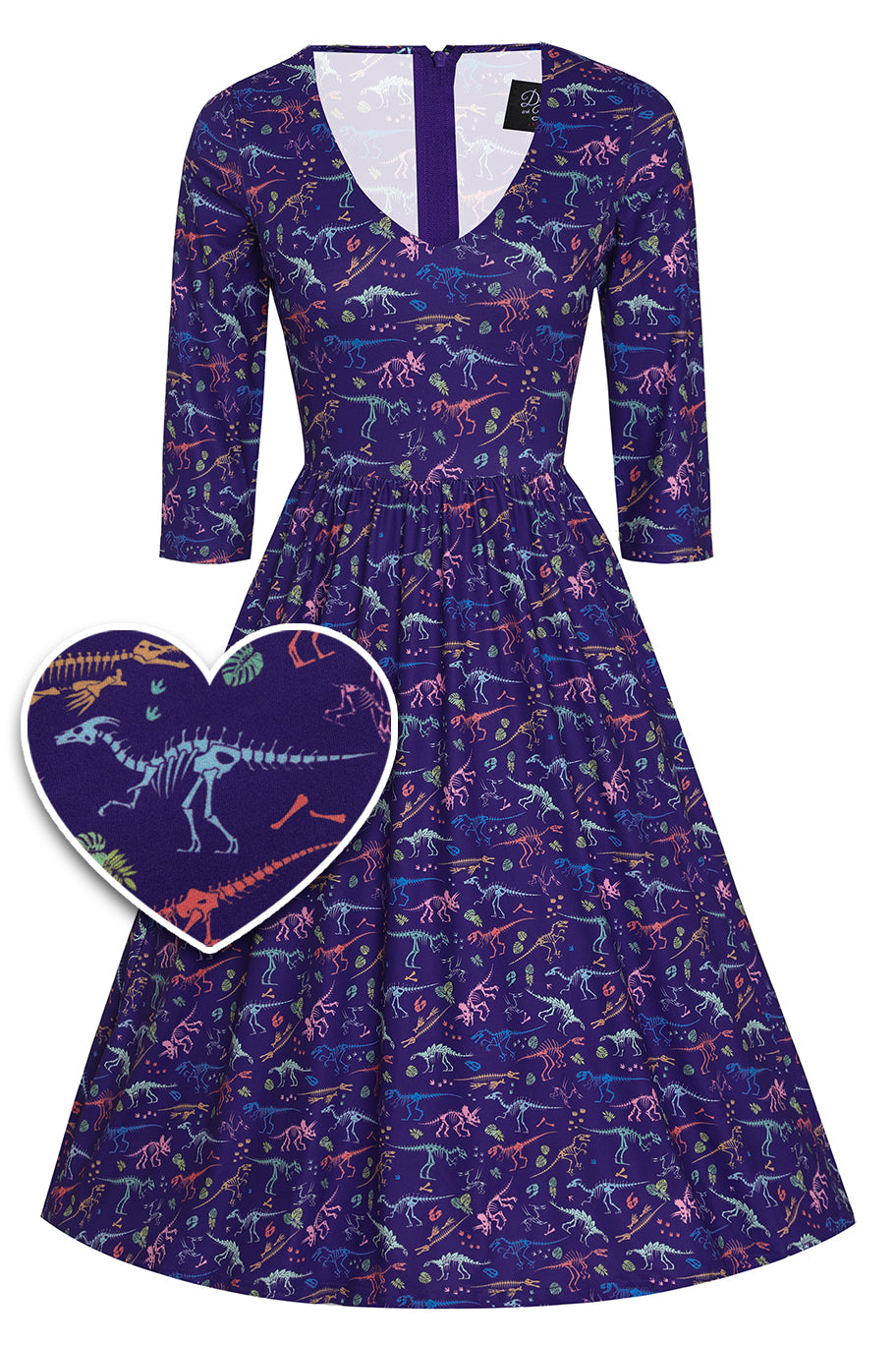 Billie Long Sleeved Dress in Purple Dinosaur Fossil Print