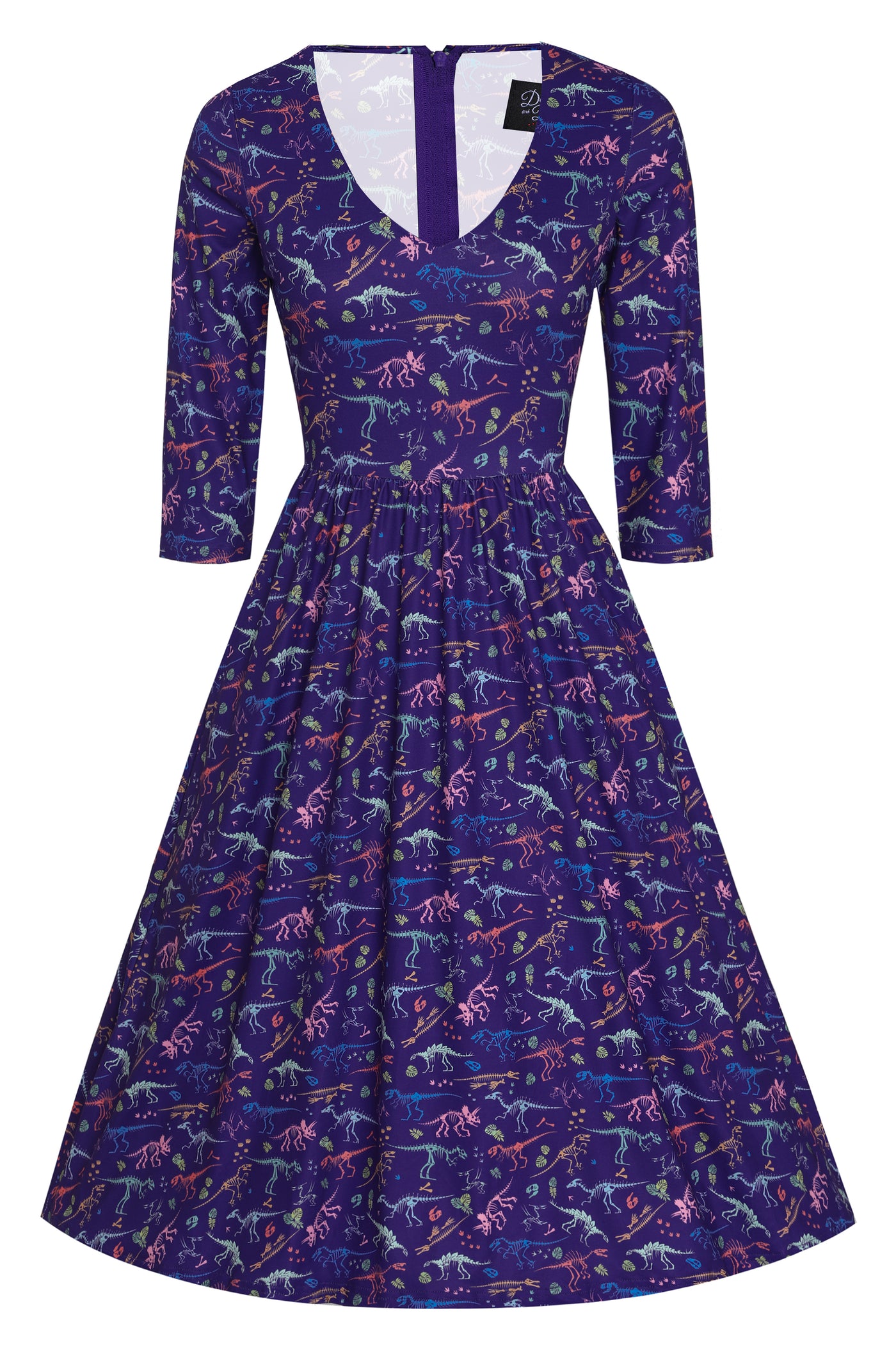 Billie Long Sleeved Dress in Purple Dinosaur Fossil Print