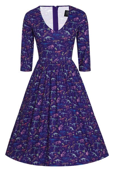 Billie Long Sleeved Dress in Purple Dinosaur Fossil Print