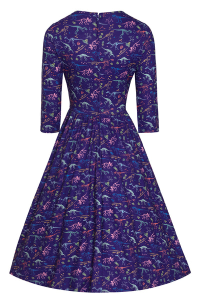 Billie Long Sleeved Dress in Purple Dinosaur Fossil Print