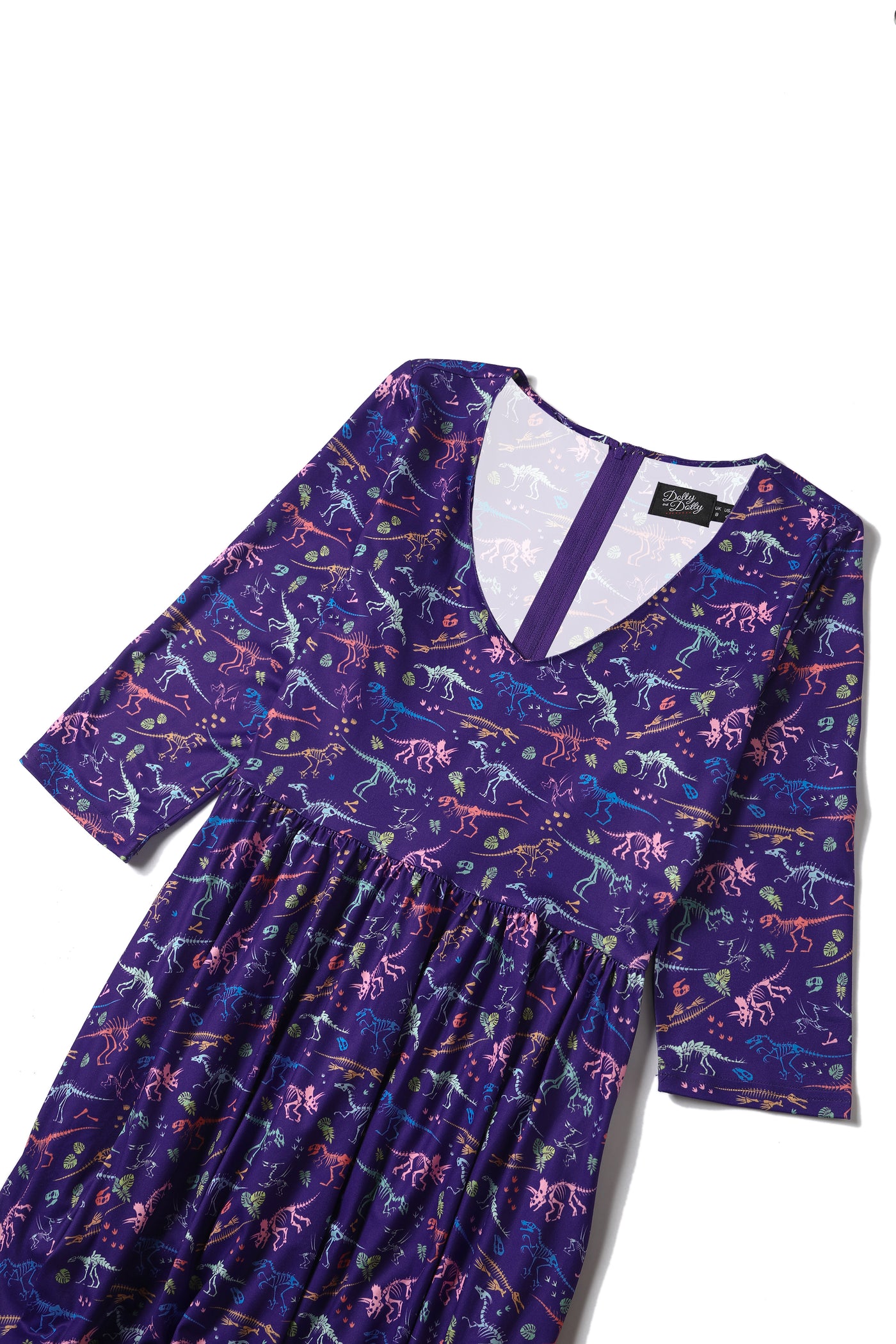 Billie Long Sleeved Dress in Purple Dinosaur Fossil Print