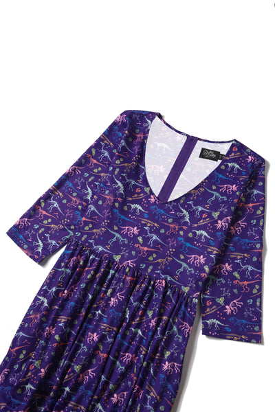 Billie Long Sleeved Dress in Purple Dinosaur Fossil Print