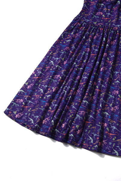 Billie Long Sleeved Dress in Purple Dinosaur Fossil Print