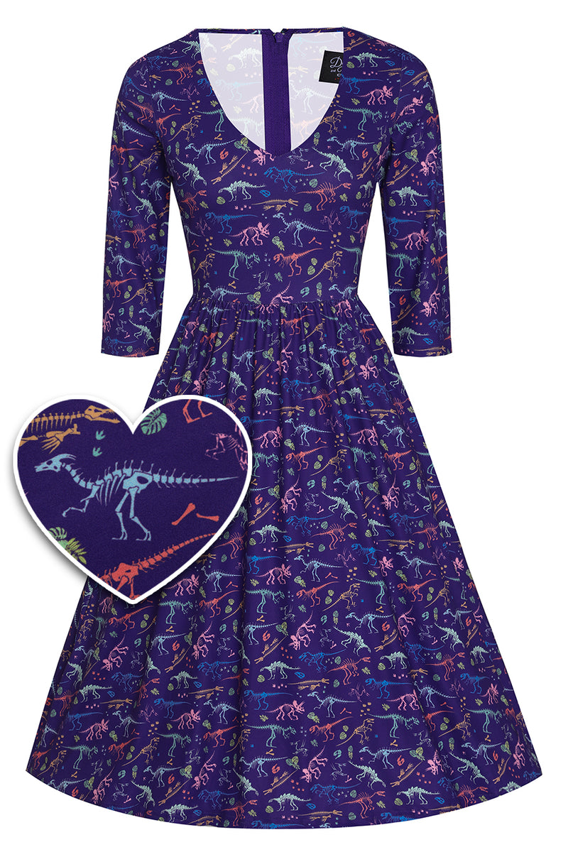 Billie Long Sleeved Dress in Purple Dinosaur Fossil Print