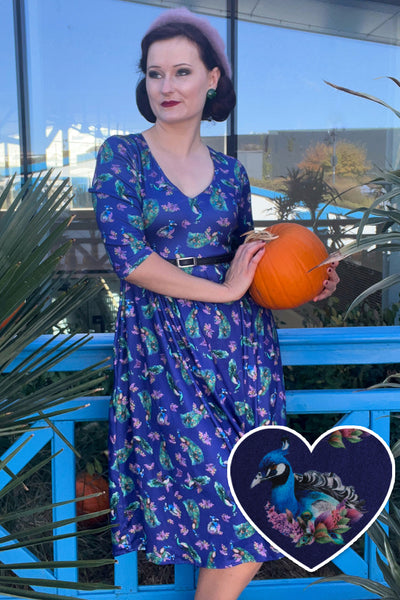PRE ORDER Billie Long Sleeved in Purple Peacock Print Dress