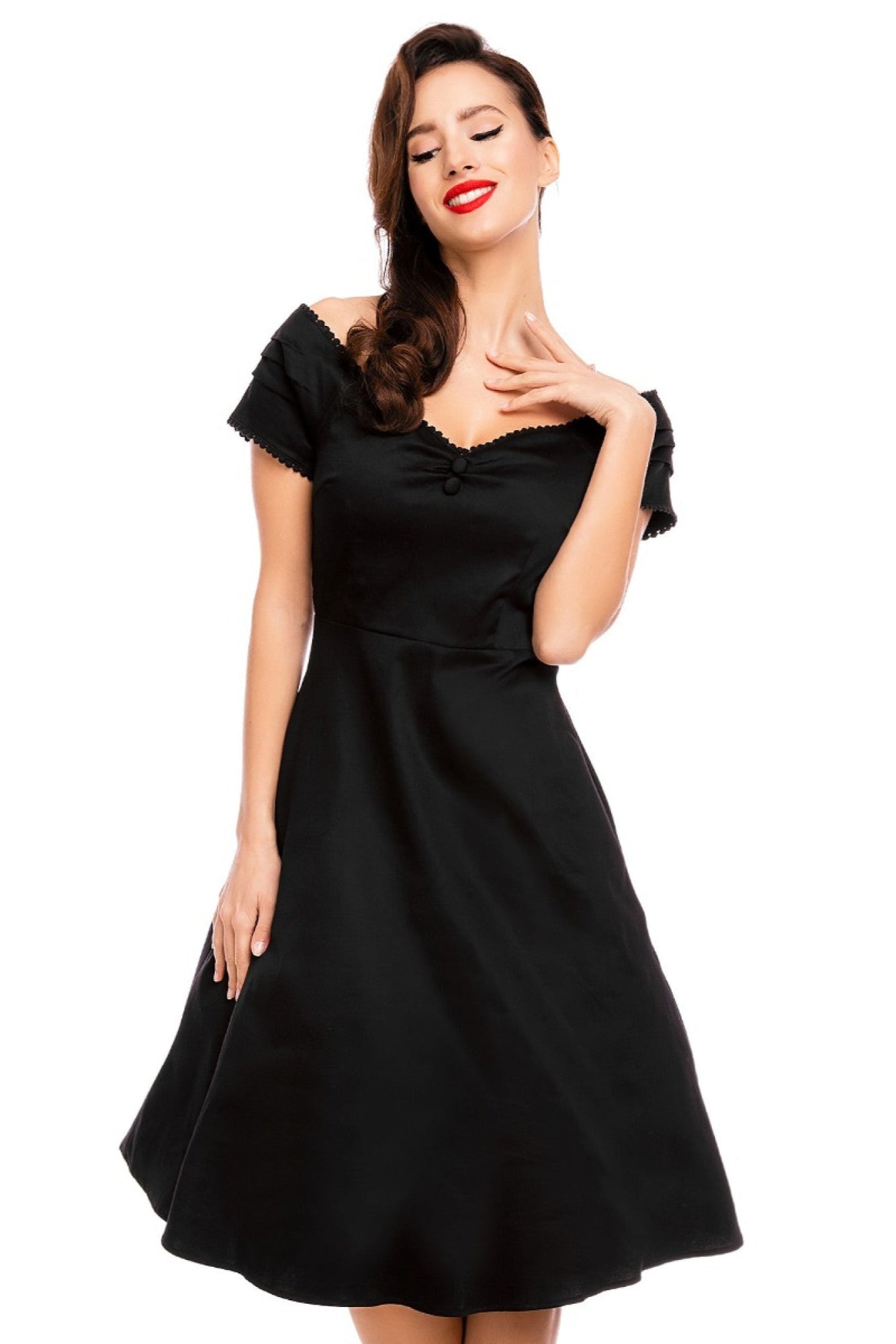 Lily Off Shoulder 50s Inspired Evening Dress in Black