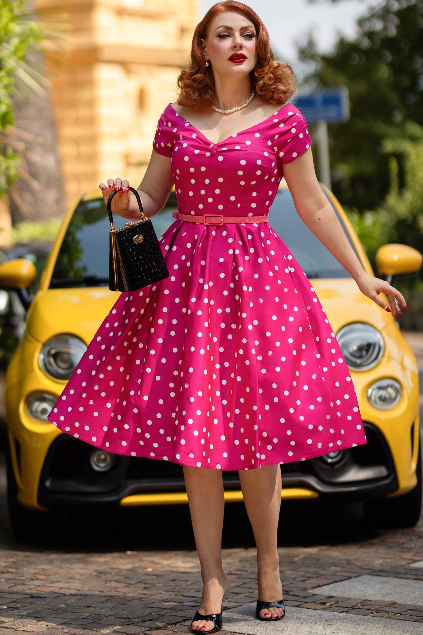 Lily Off Shoulder 50s Polka Dot Evening Dress in Hot Pink/White