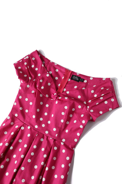 Lily Off Shoulder 50s Polka Dot Evening Dress in Hot Pink/White