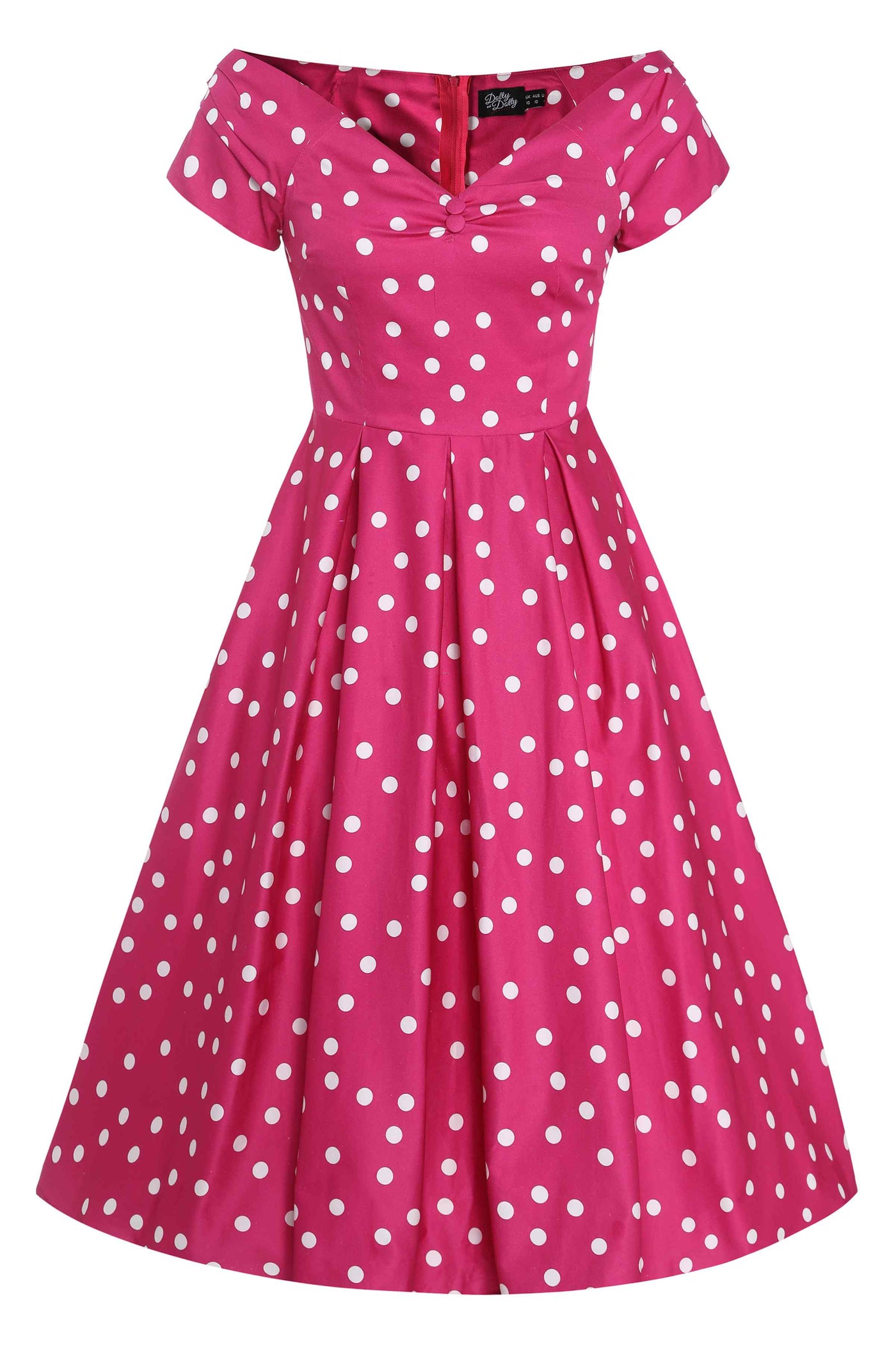 Lily Off Shoulder 50s Polka Dot Evening Dress in Hot Pink/White