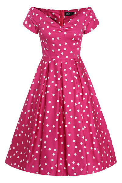 Lily Off Shoulder 50s Polka Dot Evening Dress in Hot Pink/White