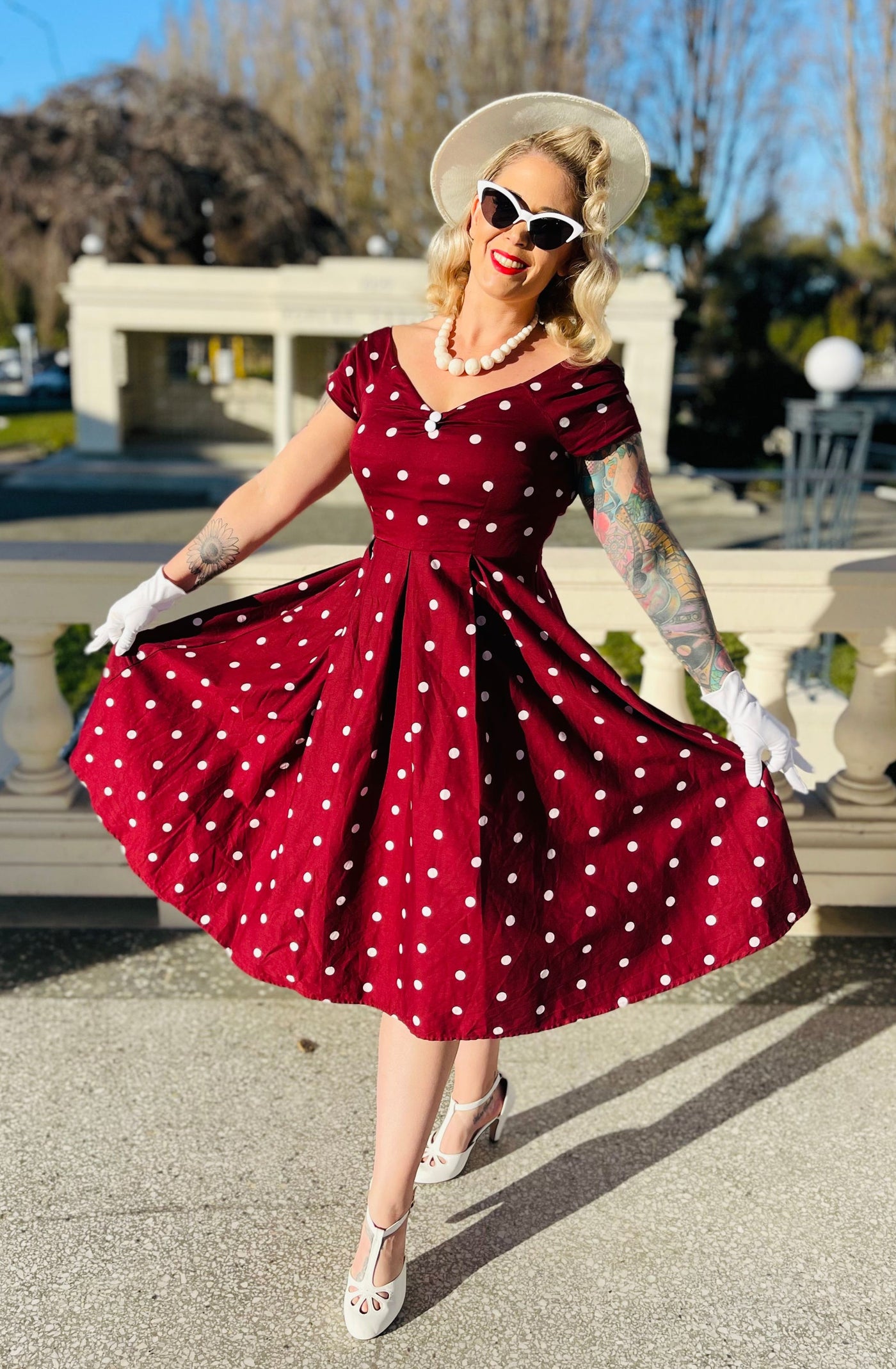 Lily Off Shoulder Polka Dot Evening Dress in Burgundy & White