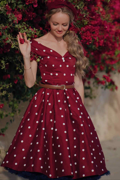 Lily Off Shoulder Polka Dot Evening Dress in Burgundy & White