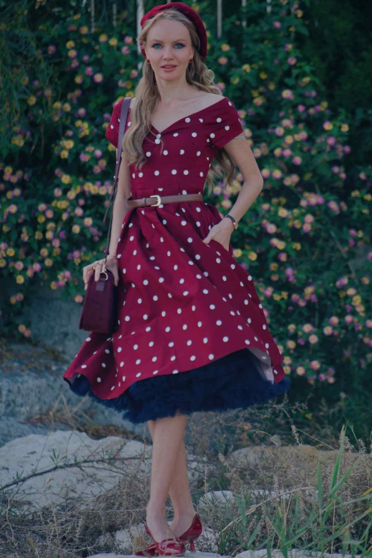 Lily Off Shoulder Polka Dot Evening Dress in Burgundy & White
