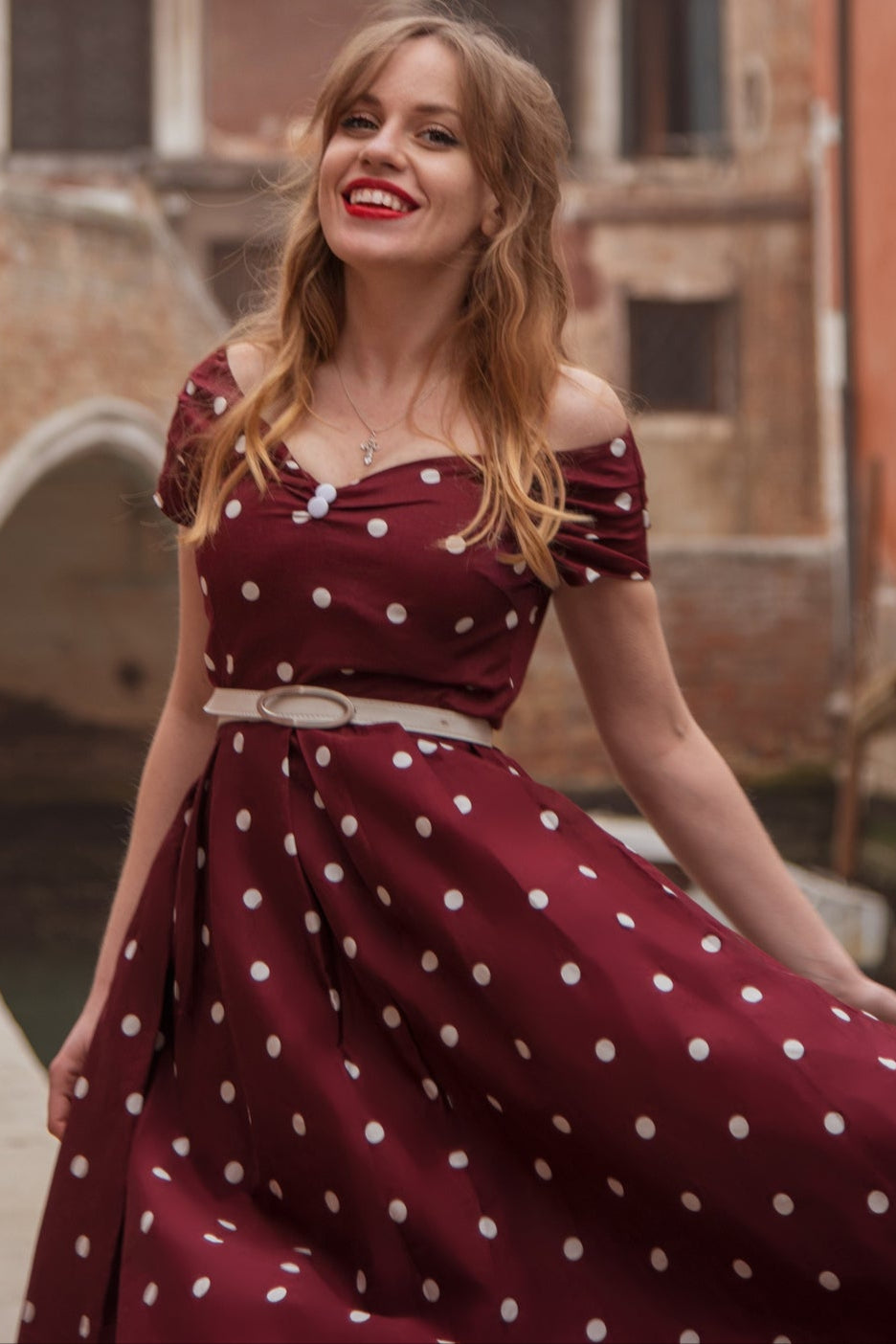 Lily Off Shoulder Polka Dot Evening Dress in Burgundy & White