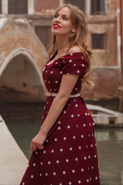 Lily Off Shoulder Polka Dot Evening Dress in Burgundy & White