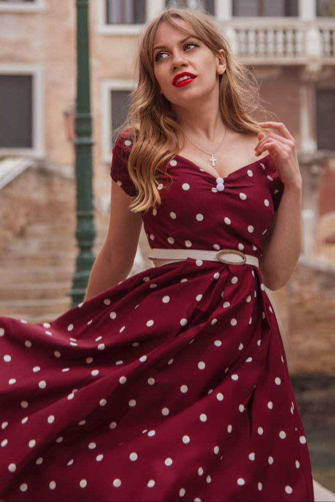 Lily Off Shoulder Polka Dot Evening Dress in Burgundy & White