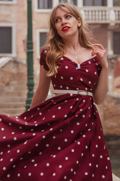 Lily Off Shoulder Polka Dot Evening Dress in Burgundy & White