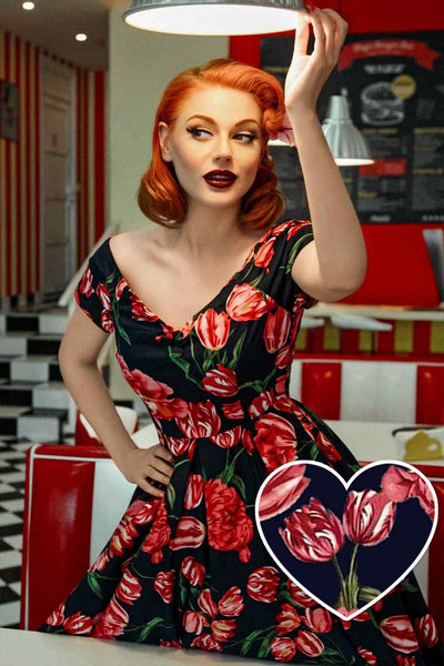 Lily Off Shoulder Swing Dress in Navy Tulip