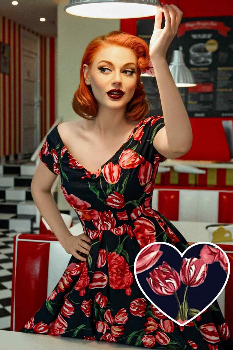 Lily Off Shoulder Swing Dress in Navy Tulip