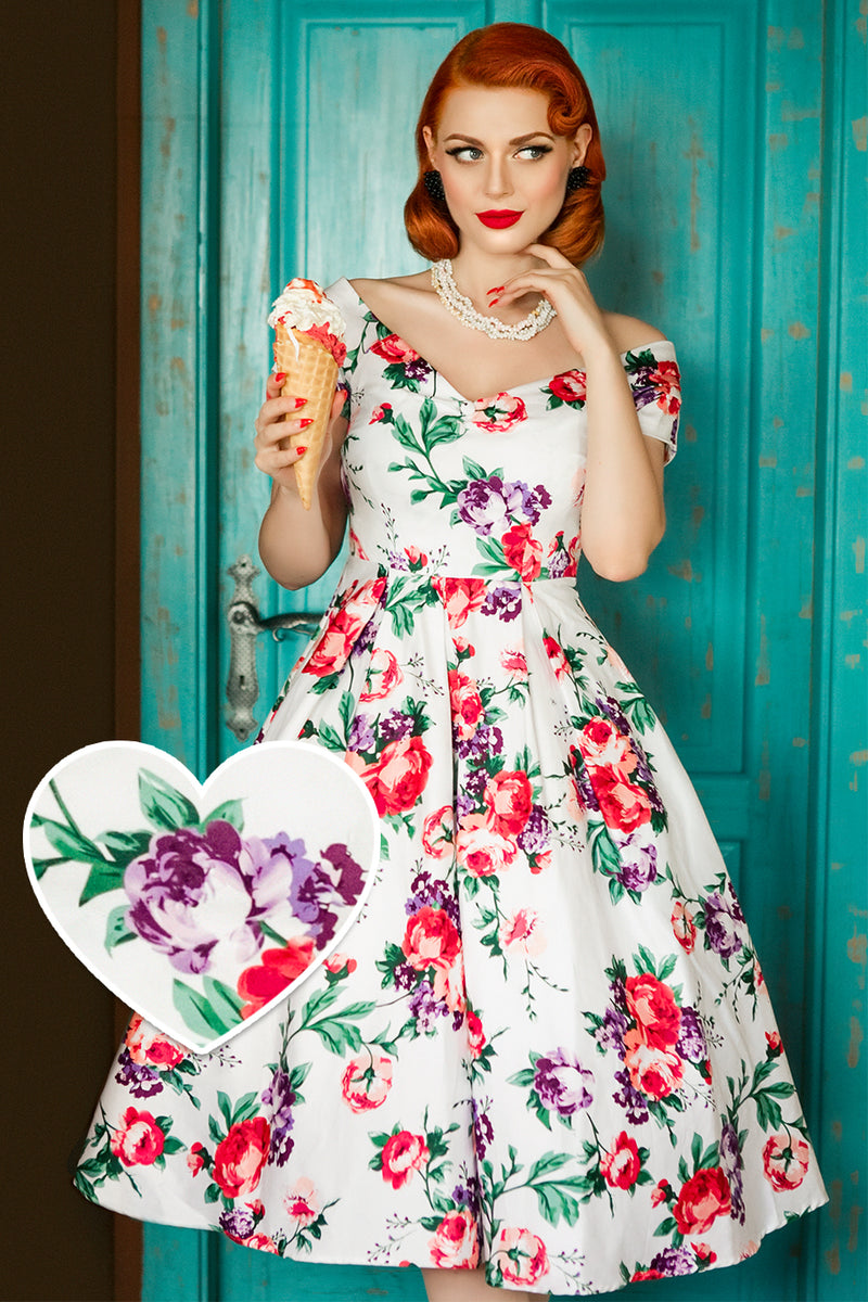 Lily Off Shoulder Swing Dress in White Floral