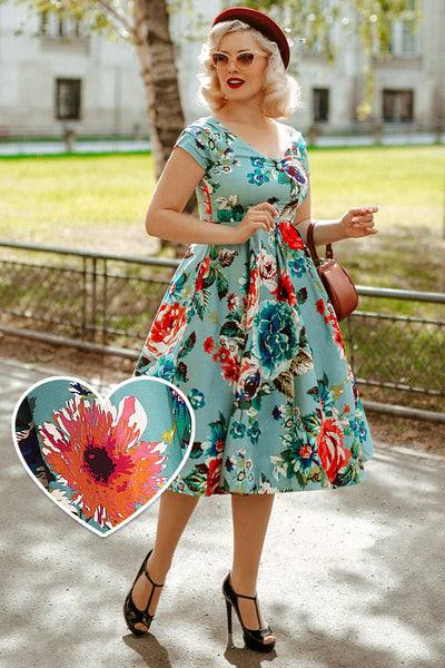 Lily Off Shoulder Swing Dress in Blue Floral