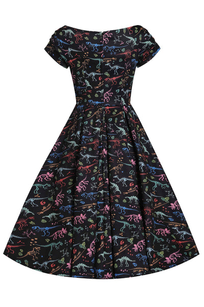 Lily Retro Off Shoulder Colourful Dino Print Swing Dress