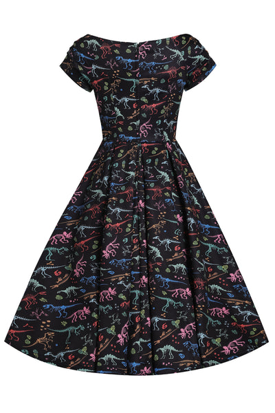 PRE ORDER Lily Retro Off Shoulder Colourful Dino Print Swing Dress