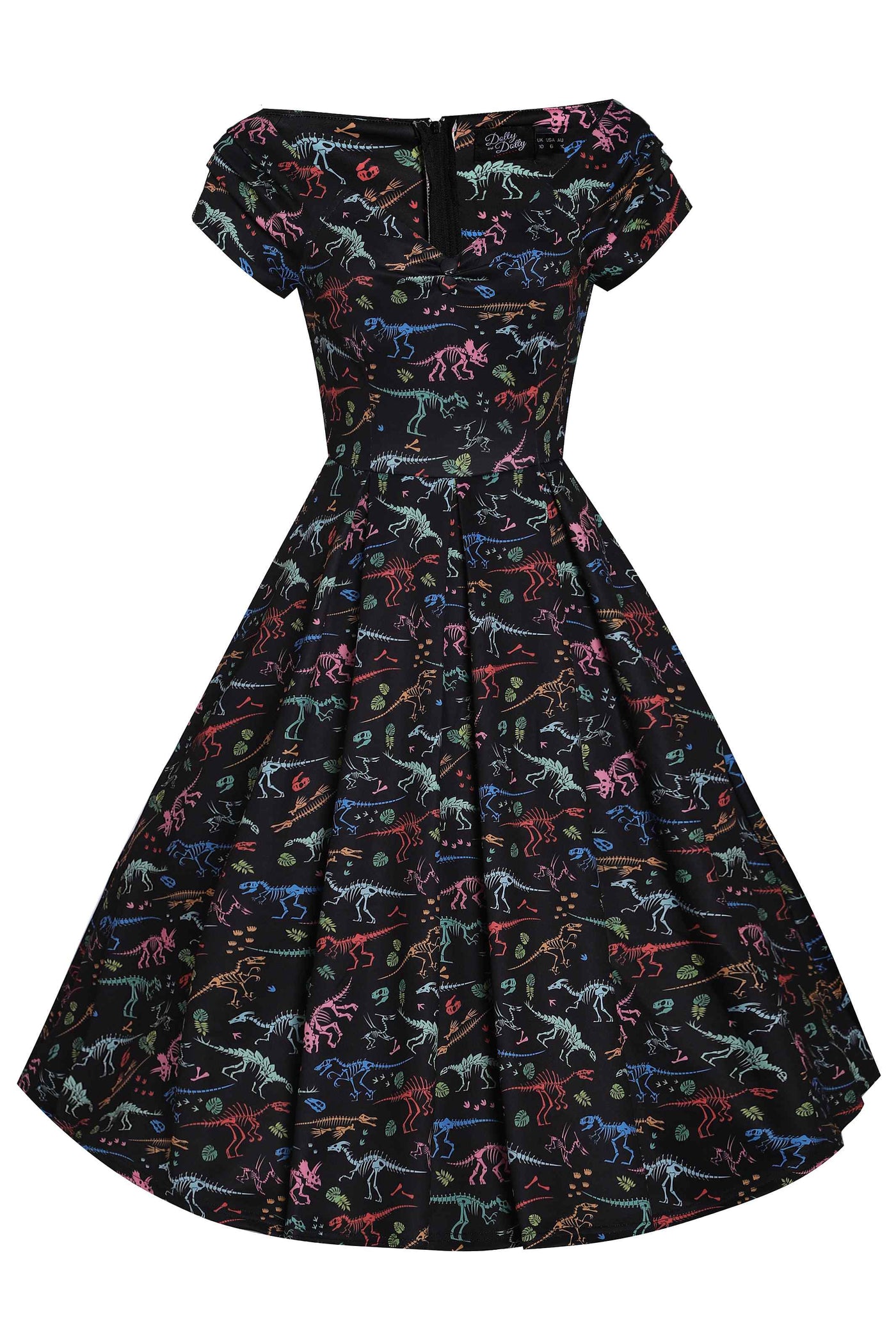 Lily Retro Off Shoulder Colourful Dino Print Swing Dress