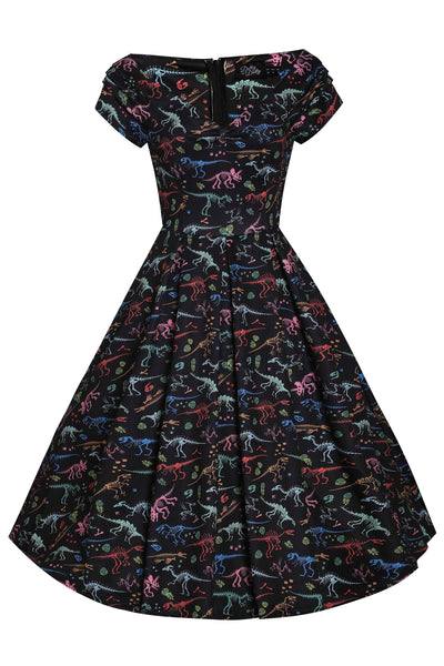 Lily Retro Off Shoulder Colourful Dino Print Swing Dress