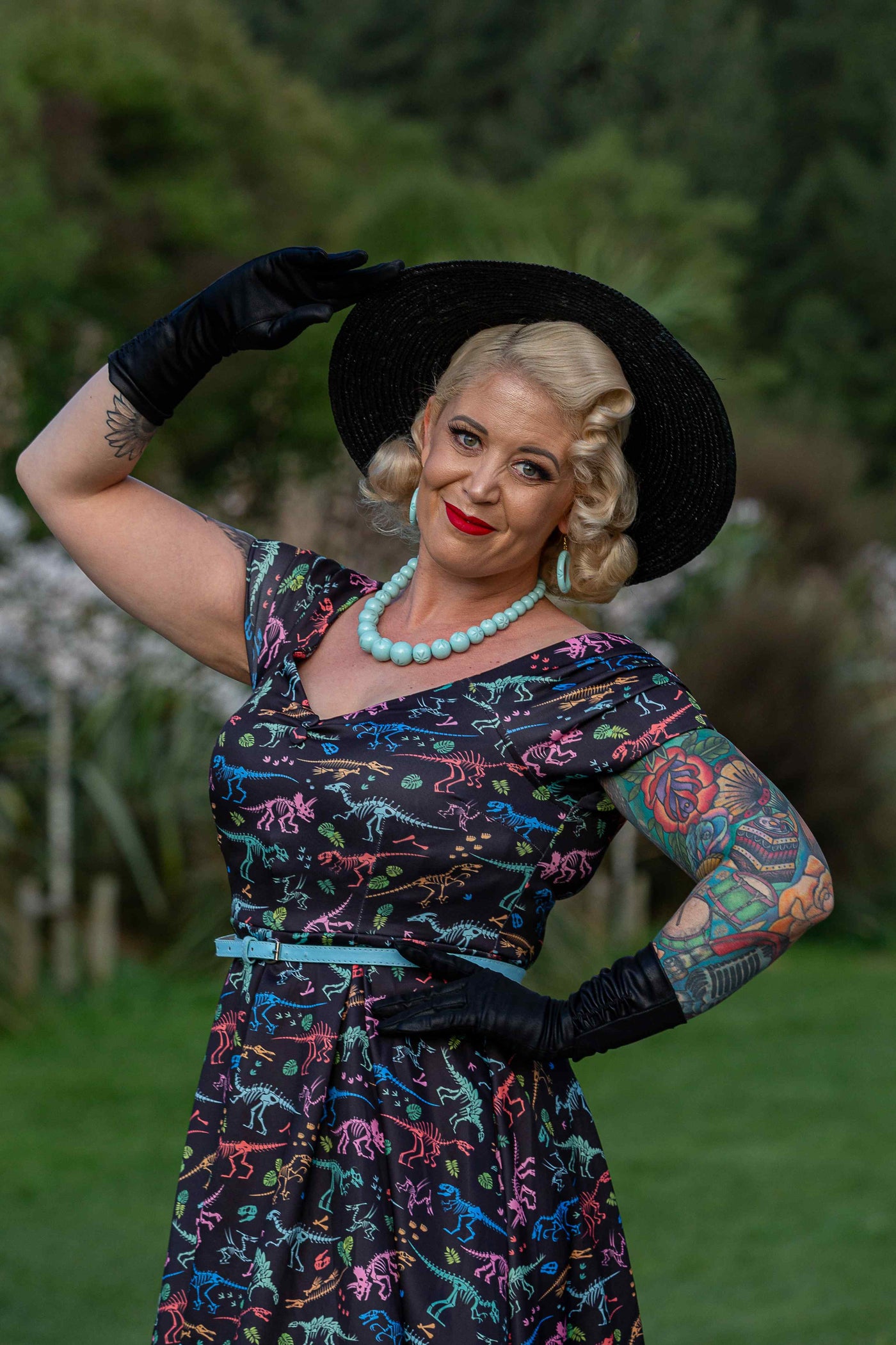 Lily Retro Off Shoulder Colourful Dino Print Swing Dress