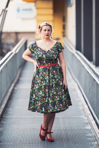 Lily Retro Off Shoulder Frida Kahlo Black Tropical Leaves Swing Dress