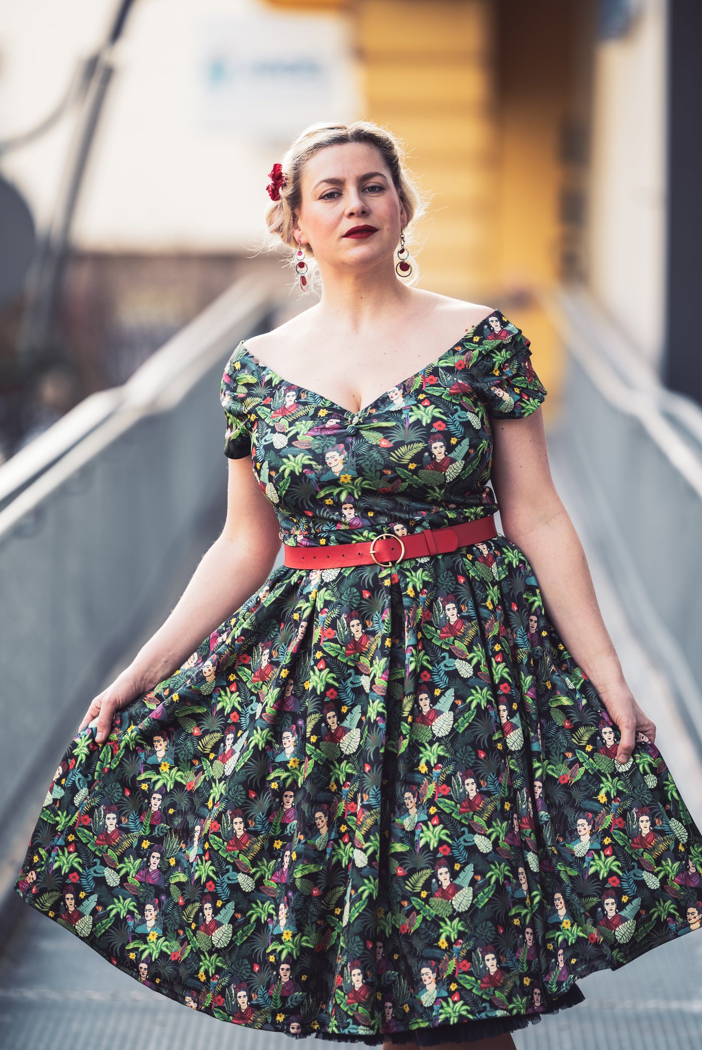Lily Retro Off Shoulder Frida Kahlo Black Tropical Leaves Swing Dress