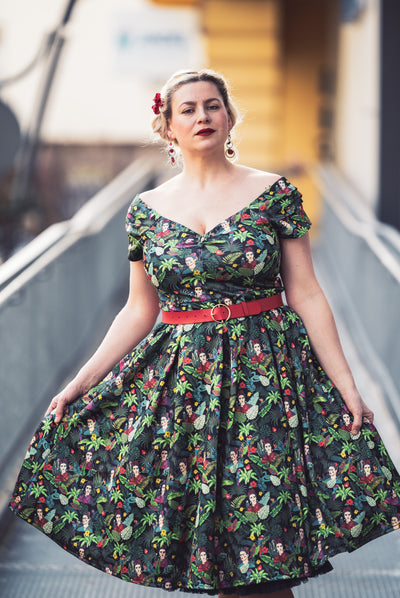 Lily Retro Off Shoulder Frida Kahlo Black Tropical Leaves Swing Dress