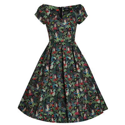 Lily Retro Off Shoulder Frida Kahlo Black Tropical Leaves Swing Dress