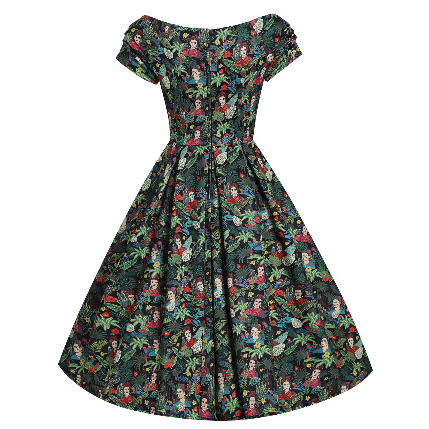 Lily Retro Off Shoulder Frida Kahlo Black Tropical Leaves Swing Dress