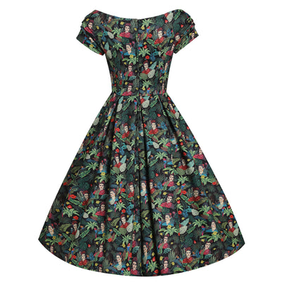Lily Retro Off Shoulder Frida Kahlo Black Tropical Leaves Swing Dress