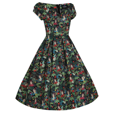 Lily Retro Off Shoulder Frida Kahlo Black Tropical Leaves Swing Dress