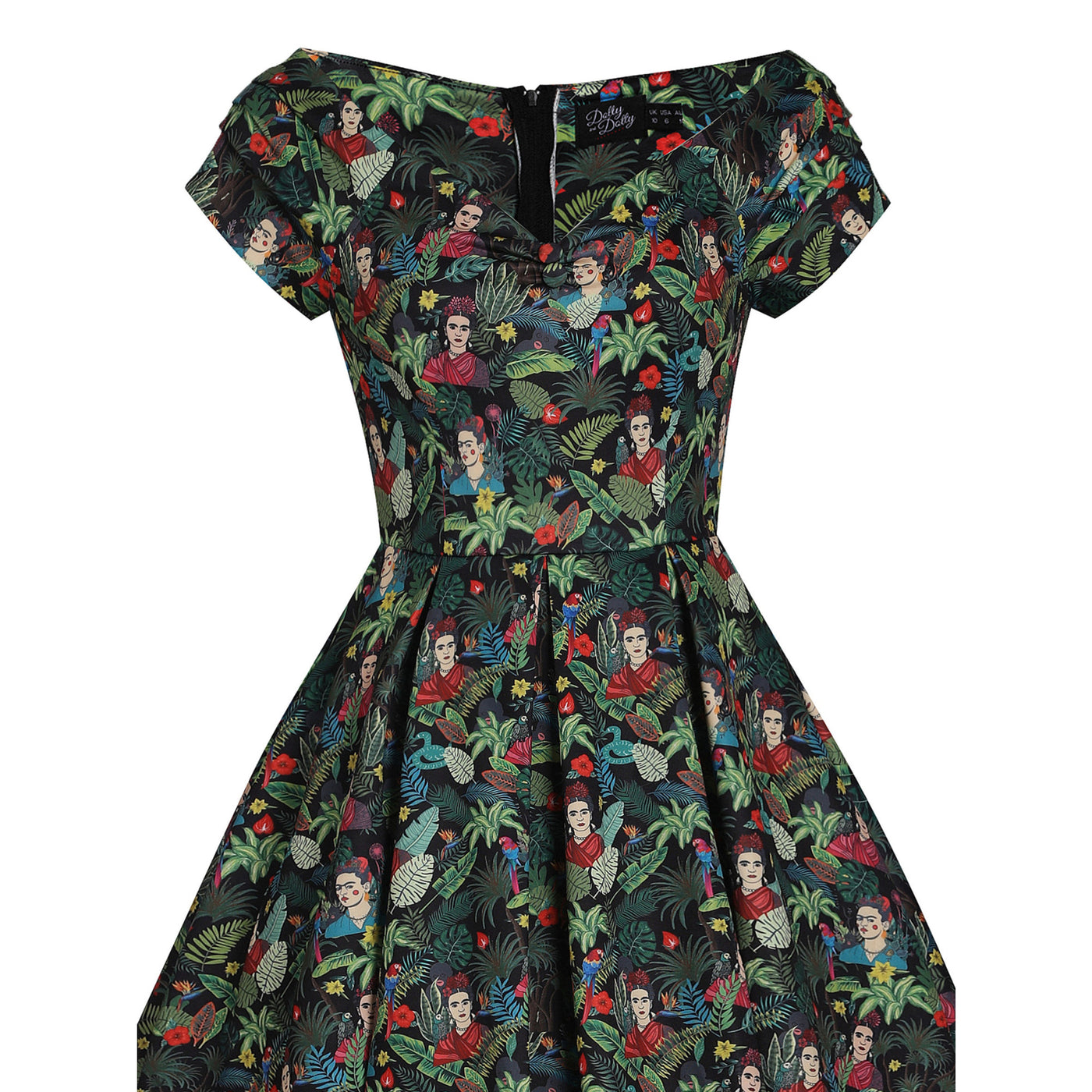 Lily Retro Off Shoulder Frida Kahlo Black Tropical Leaves Swing Dress