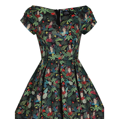 Lily Retro Off Shoulder Frida Kahlo Black Tropical Leaves Swing Dress