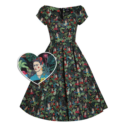 Lily Retro Off Shoulder Frida Kahlo Black Tropical Leaves Swing Dress