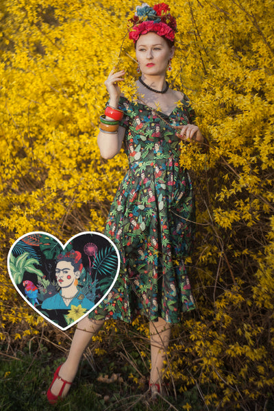 Lily Retro Off Shoulder Frida Kahlo Black Tropical Leaves Swing Dress