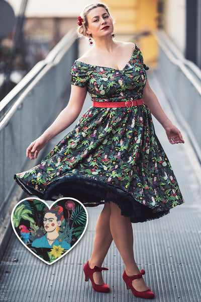 Lily Retro Off Shoulder Frida Kahlo Black Tropical Leaves Swing Dress
