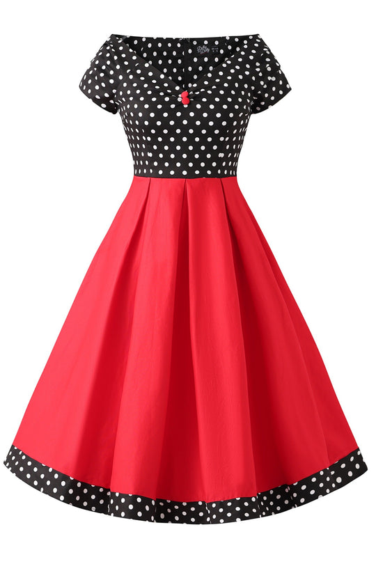 Lily Red & Black Off Shoulder Swing Dress with White Polka Dots — photo 1