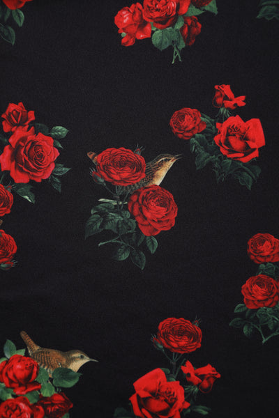 Lily Black Off Shoulder Roses & Bird Print Dress