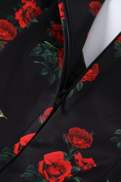 Lily Black Off Shoulder Roses & Bird Print Dress