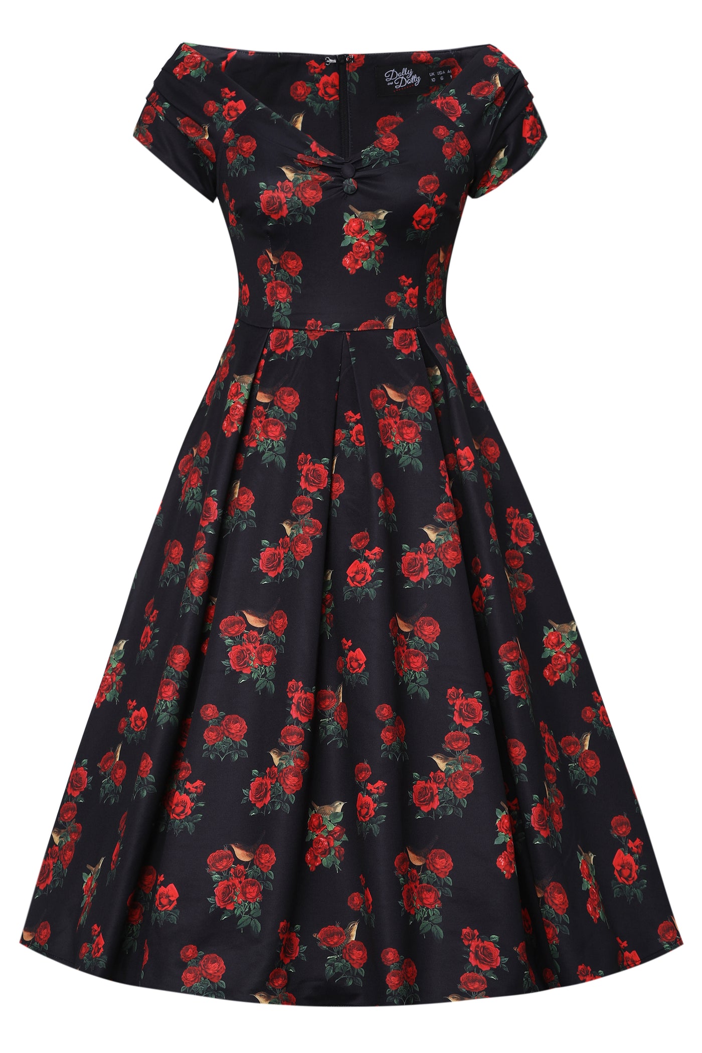 Lily Black Off Shoulder Roses & Bird Print Dress