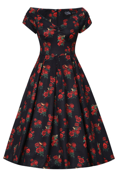 Lily Black Off Shoulder Roses & Bird Print Dress
