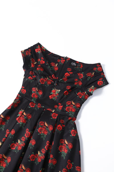 Lily Black Off Shoulder Roses & Bird Print Dress